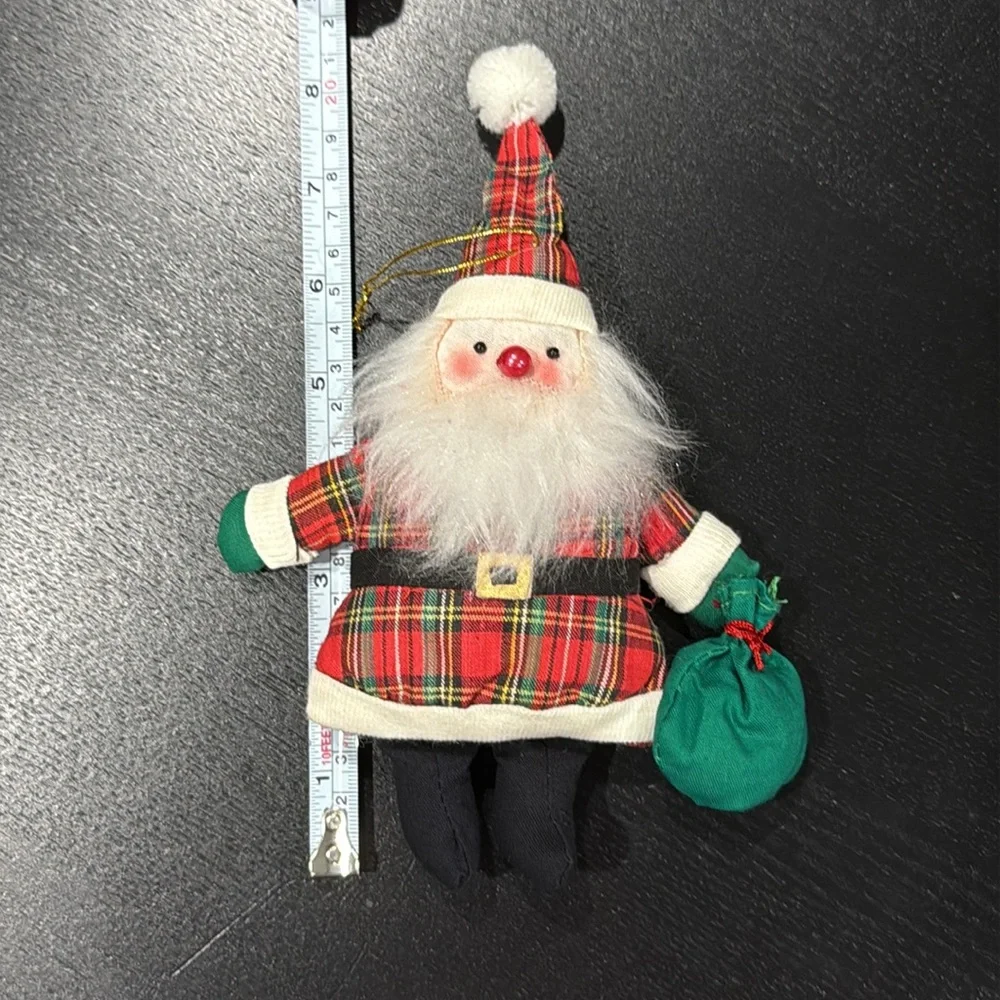 Vintage Plush Ornament Plaid Santa Claus Holiday Tree Decoration Decor